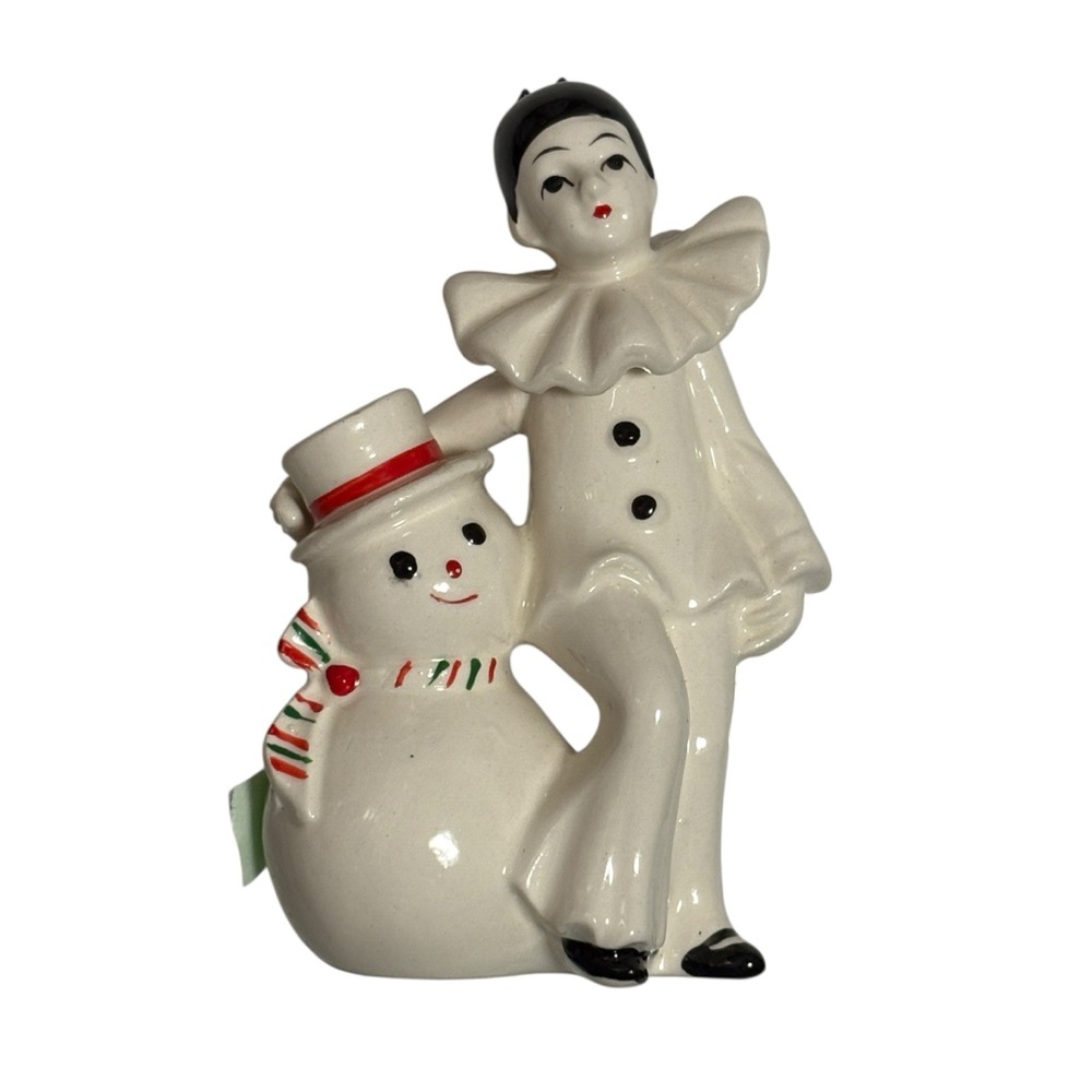 Vintage Pierrot Mime Clown & Snowman Porcelain Christmas Ornament